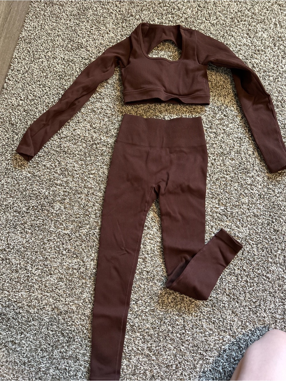 Ribbed Cutout Crop Top & High-Waist Leggings Set — Chocolate Brown